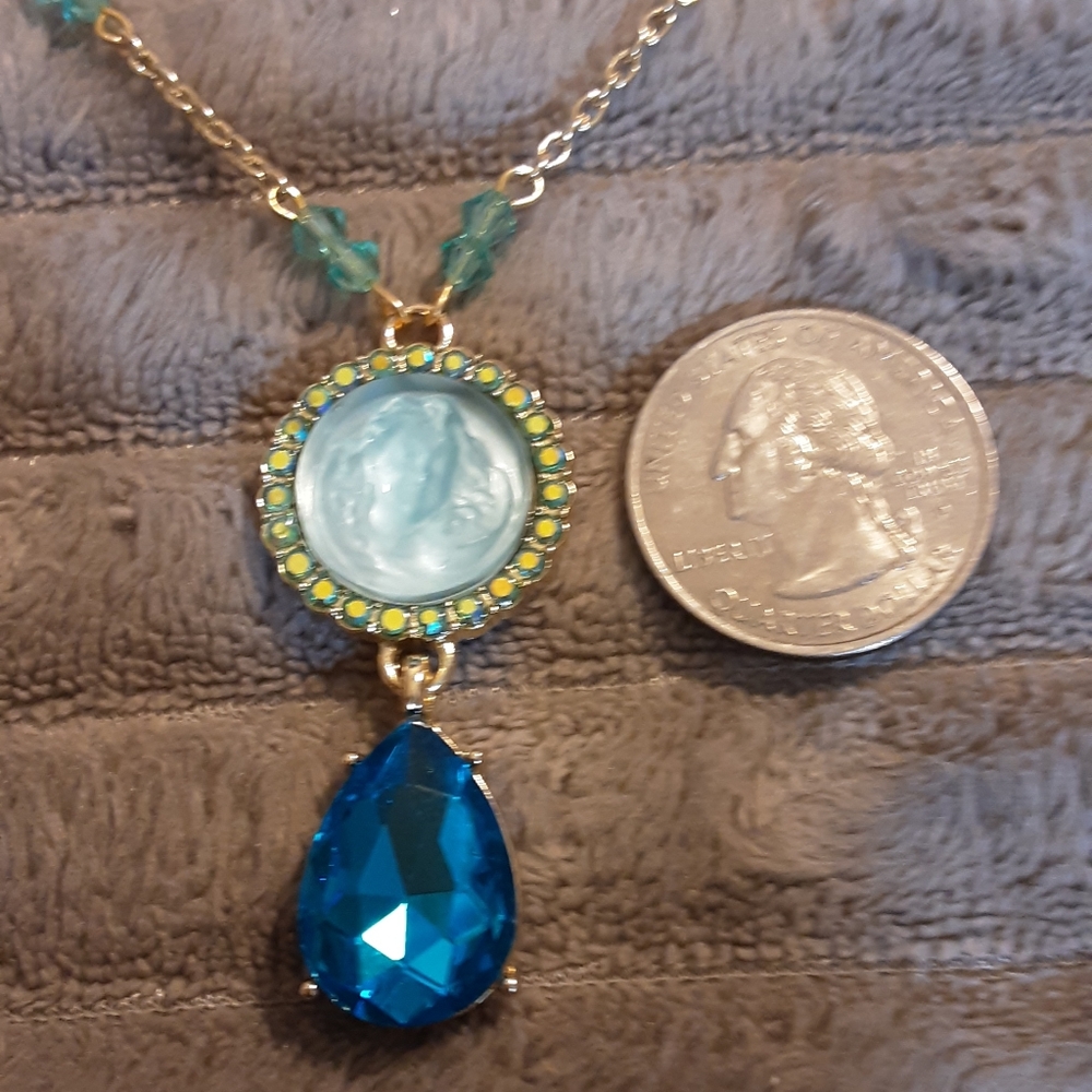 Handmade Angel Cameo Glass Necklace Teal Green 22" Long Chain Mother's Day Gift - Picture 3 of 9